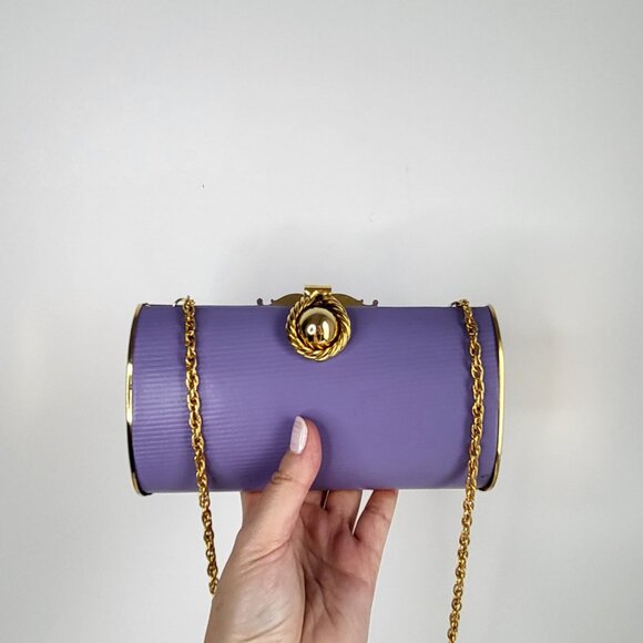 Vintage Purple Cylinder Evening Bag with Gold Chain & Twist-Lock Clasp – Unique - Picture 2 of 7